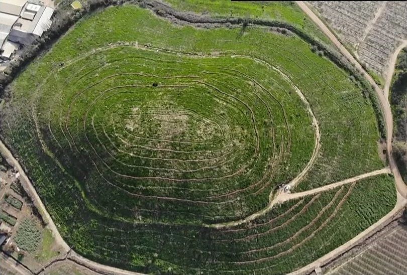 Vista cenital del cerro recuperado, con las zanjas de infiltración siguiendo las curvas de nivel