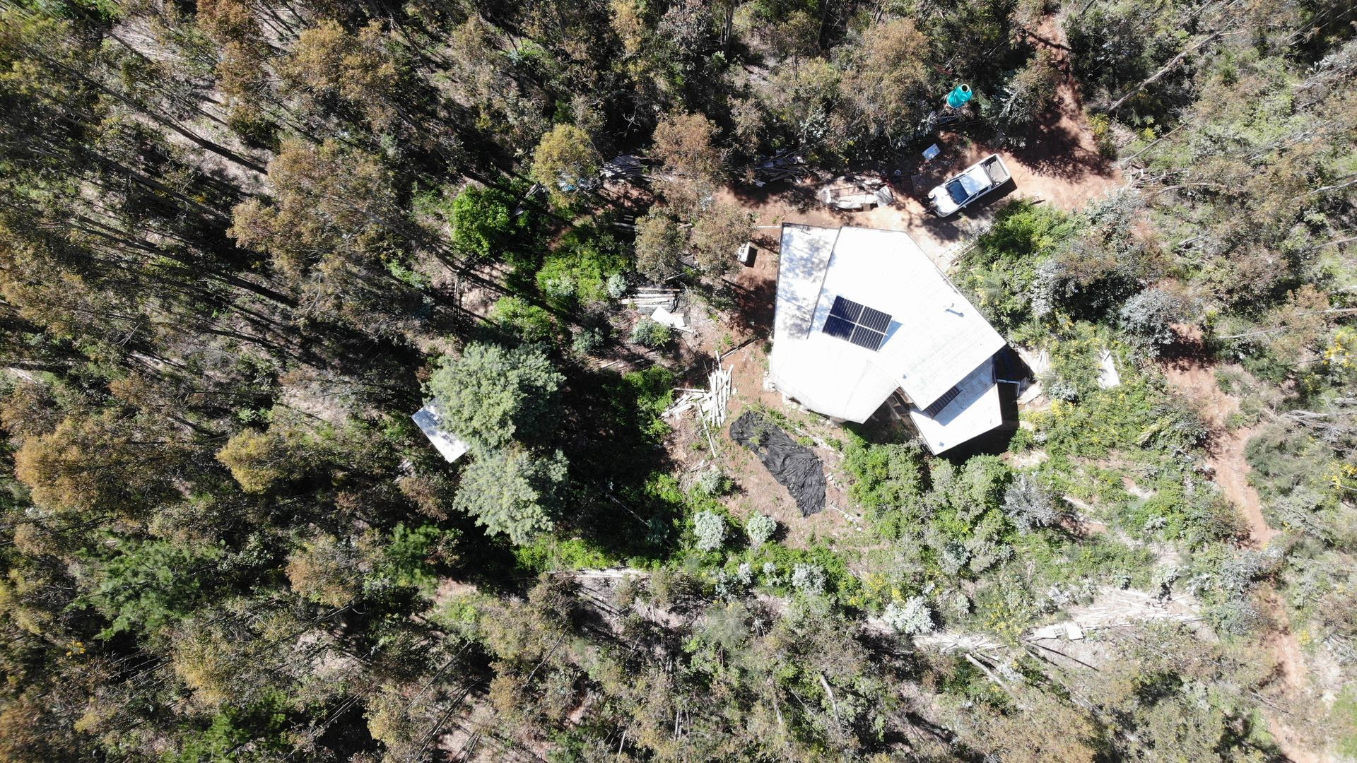 Situación actual: la casa en el claro del bosque, vista cenital de dron