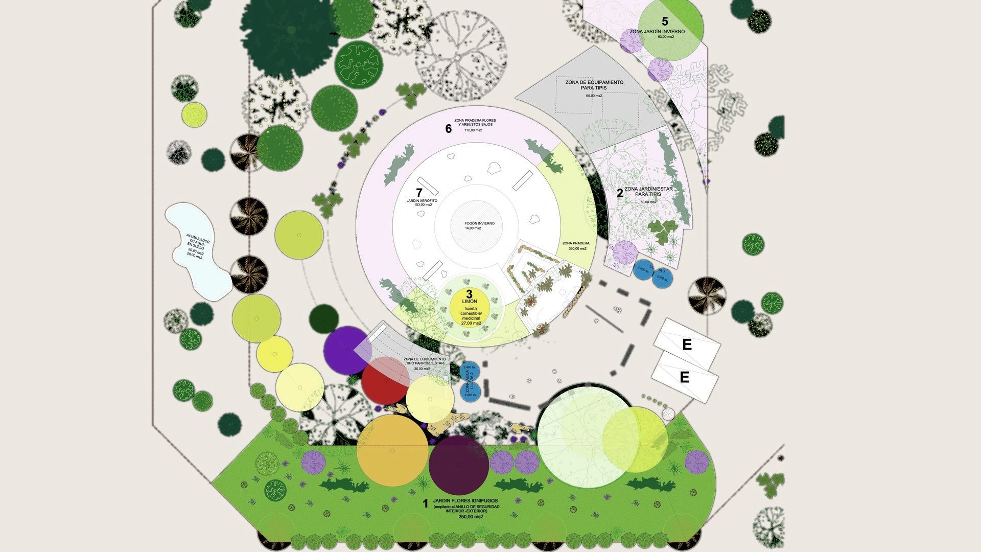 Plano de plantación del jardín en anillos, con zonas de flores ignífugas, pradera y equipamiento
