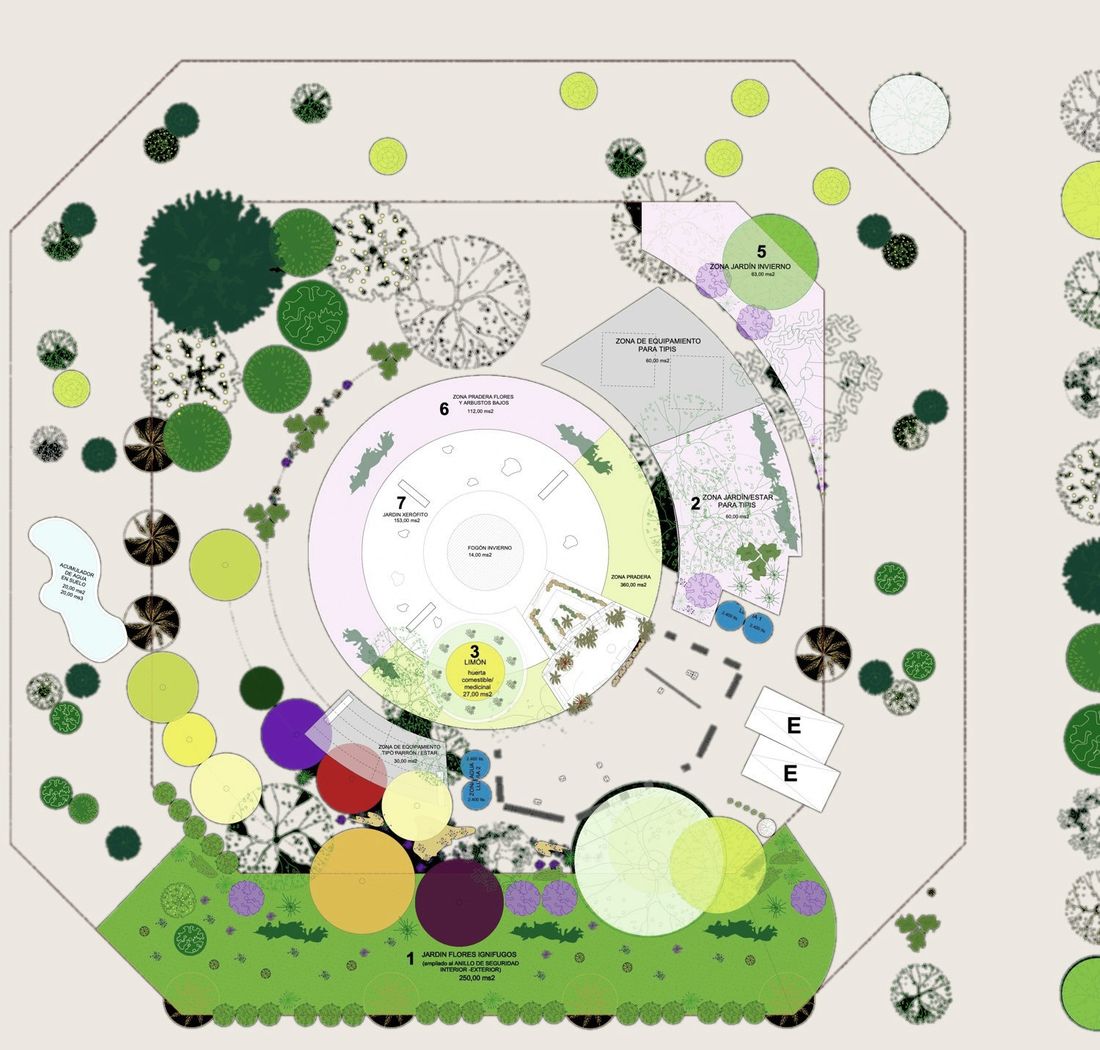 Plano de plantación con paleta vegetal y jardín de flores ignífugas