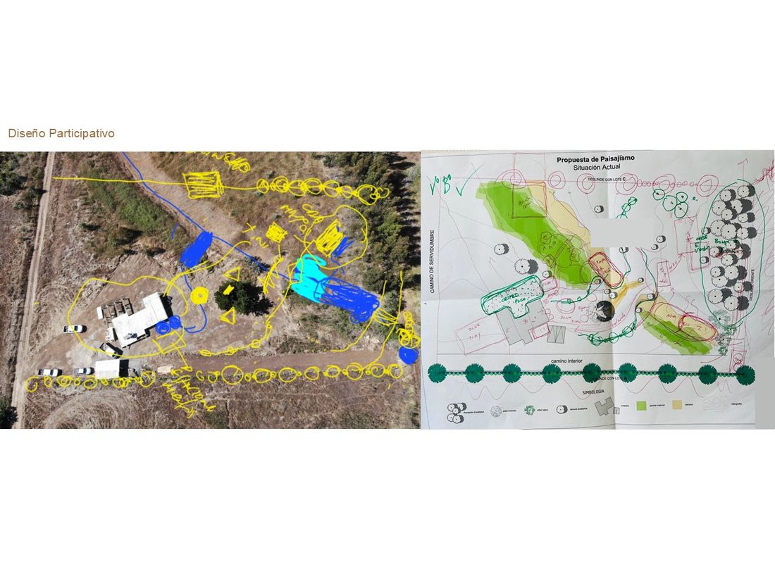 Fotografía aérea marcada a mano y el plano trabajado sobre la mesa con los propietarios
