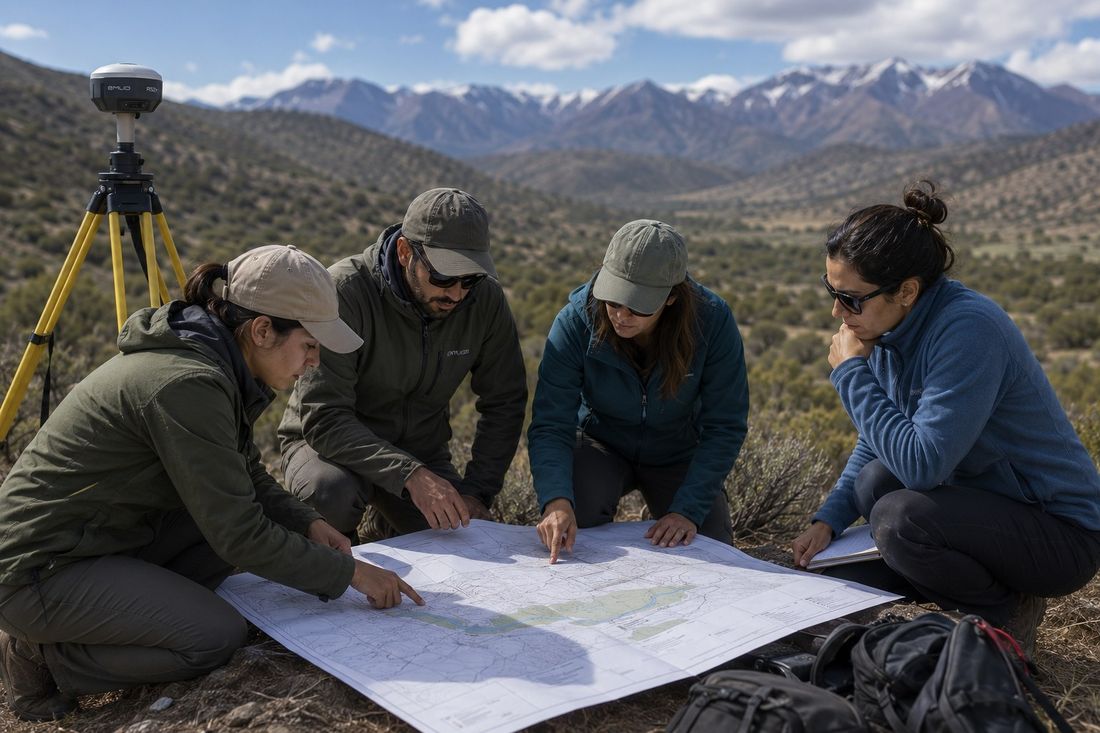 Equipo de profesionales revisando un plano en terreno